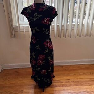 Floral Mock-Neck Bodycon Dress - Black with Rose Print
